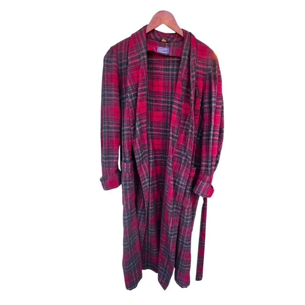 PENDLETON Vintage Red Virgin Wool Tartan Plaid Belted Bathrobe Men Size Medium